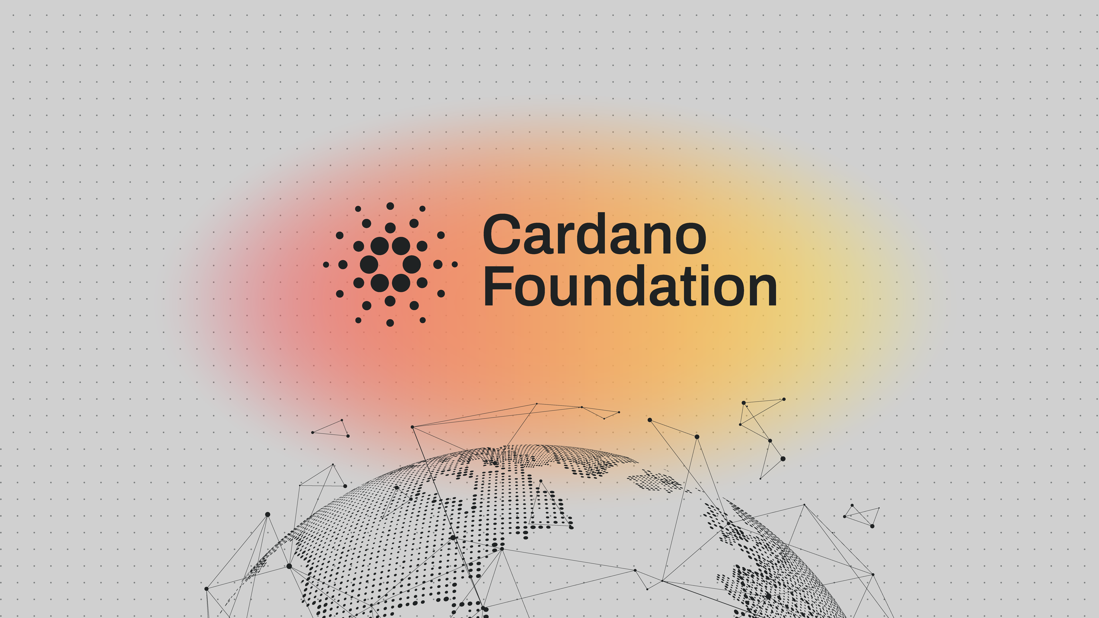 Cardano Foundation logo on top of an orange gradient, above a globe.