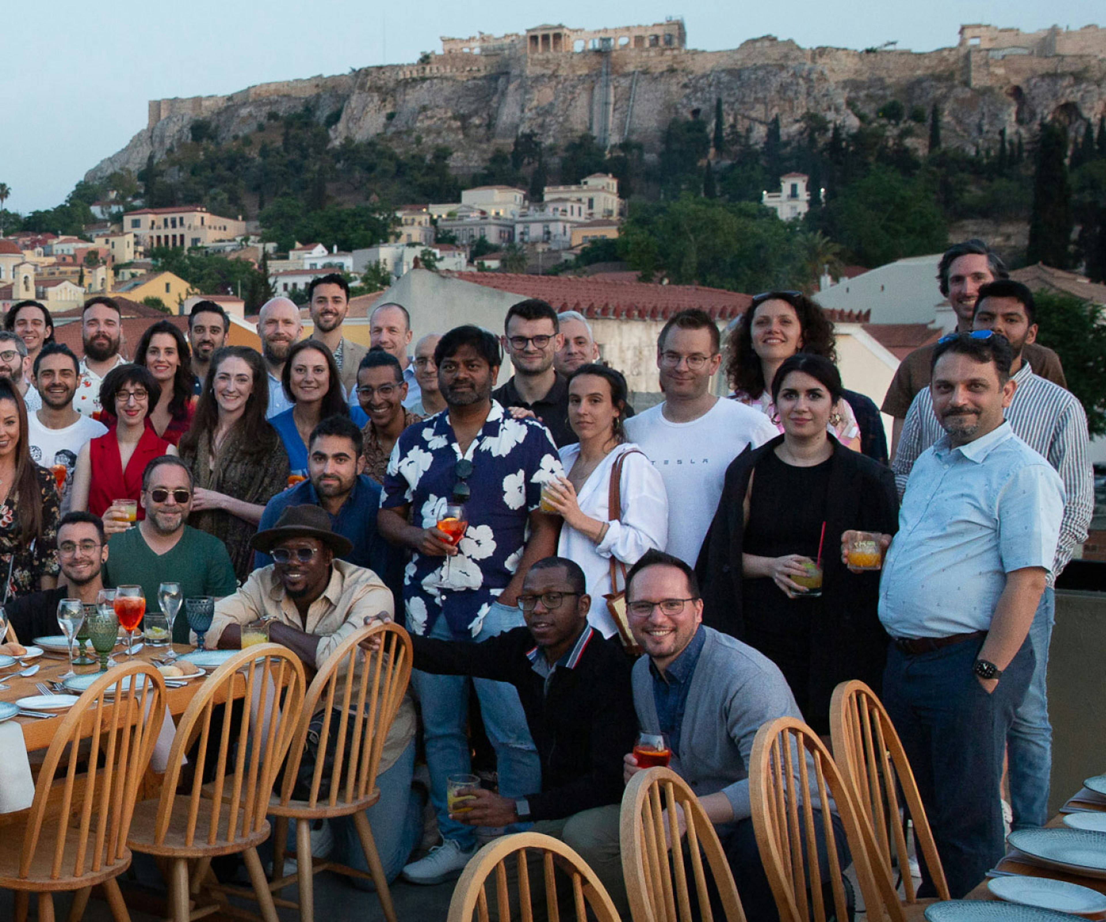 An image of the entire CF team together at an offsite event in Athens, Greece.