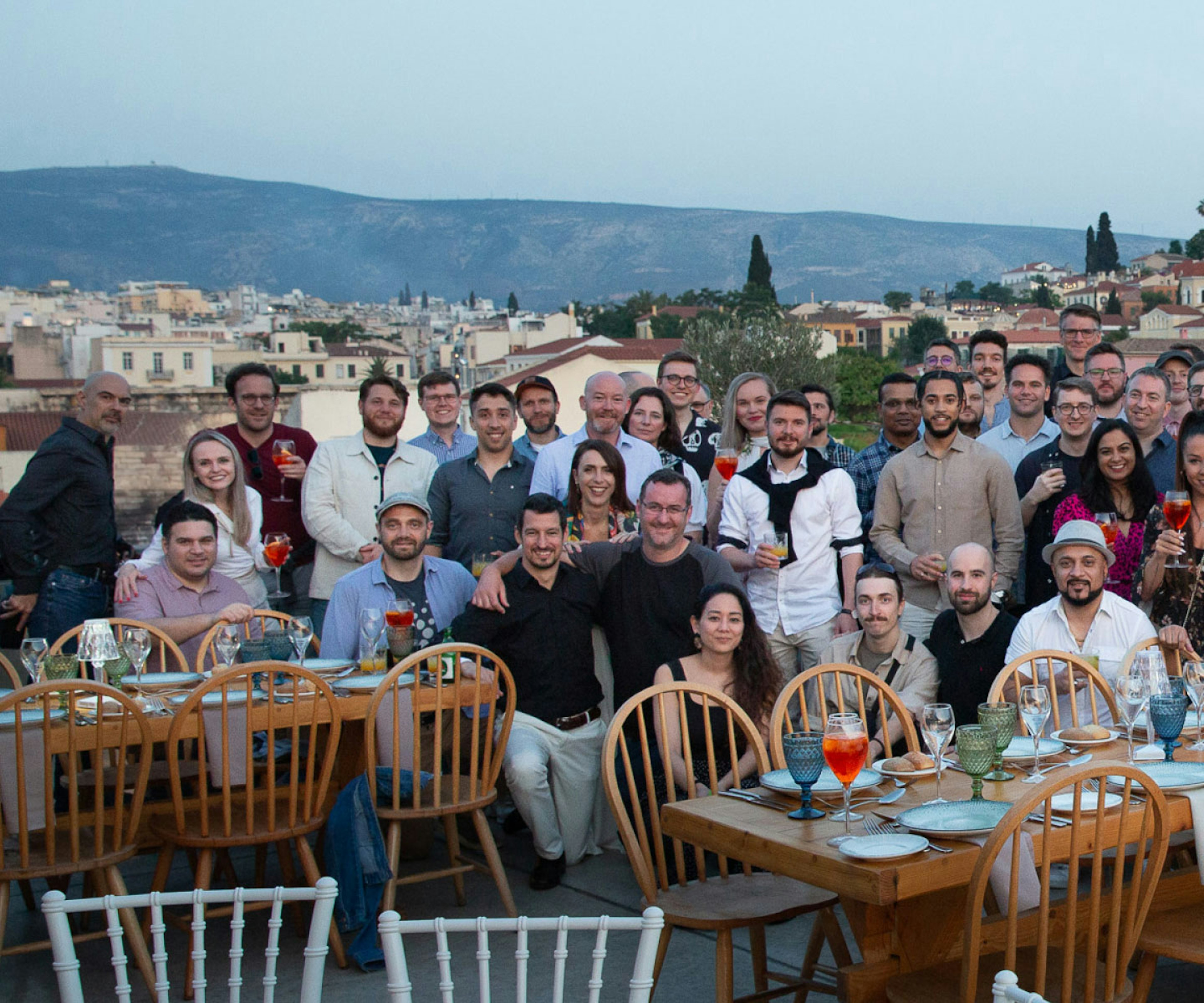 An image of the entire CF team together at an offsite event in Athens, Greece.